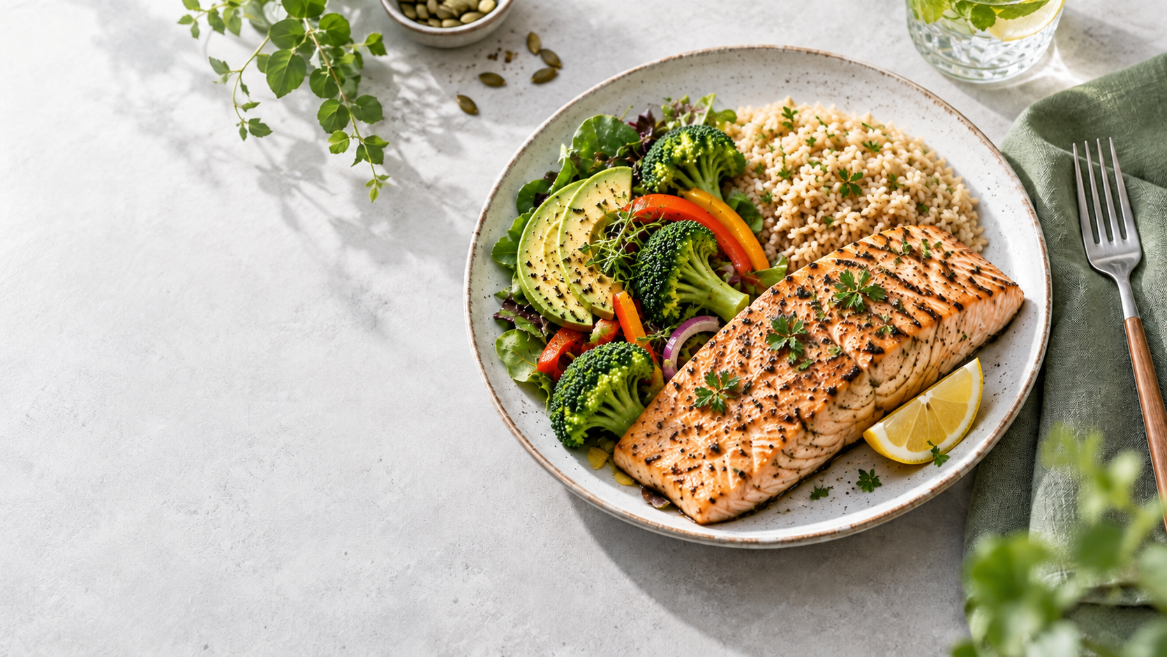 Plato abundante con una porción generosa de salmón, vegetales, aguacate y arroz