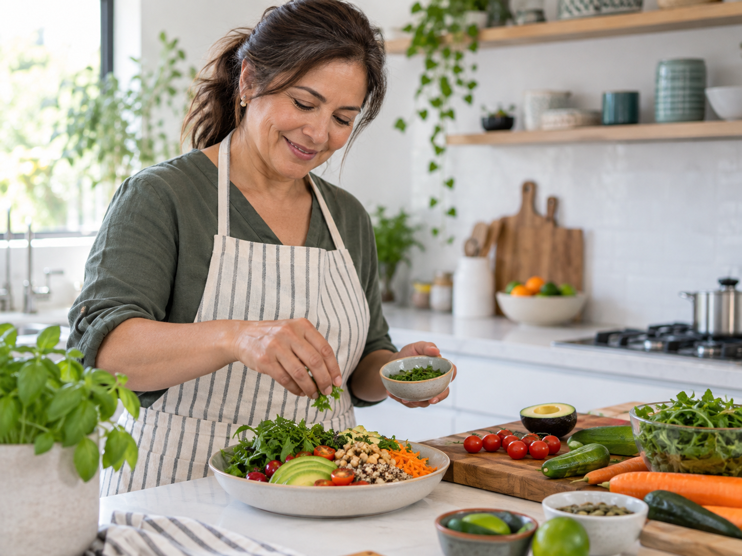Mujer preparando una comida fresca en su cocina