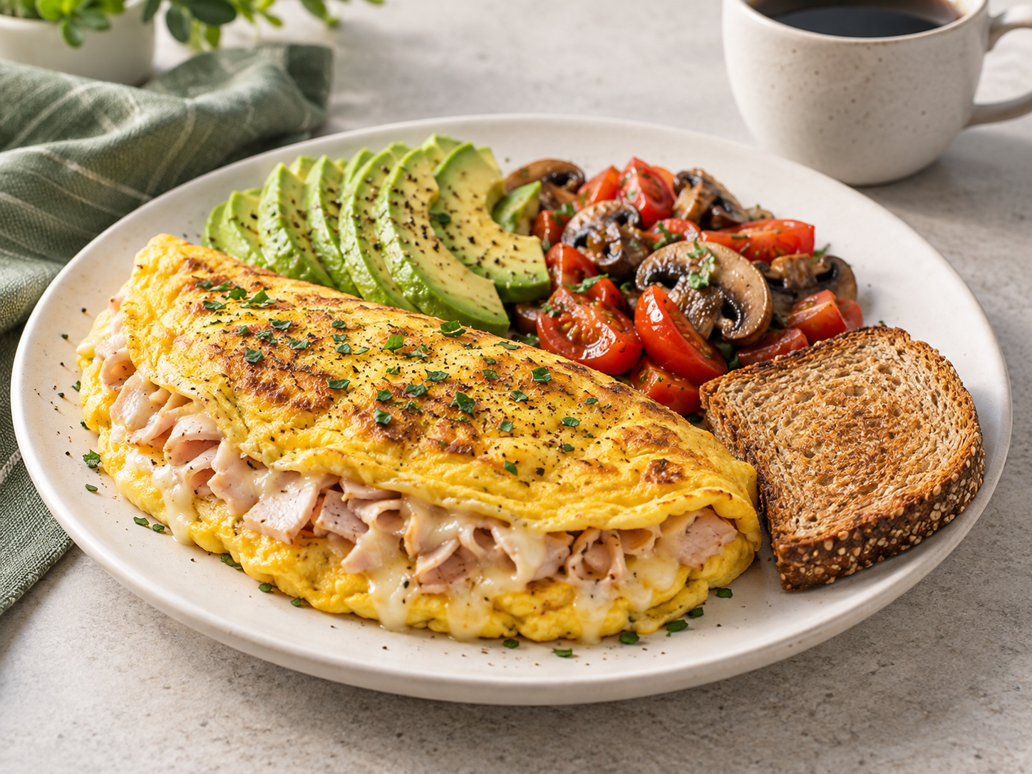 Omelet grande de huevo, pavo y queso con aguacate, tomates, hongos y tostada