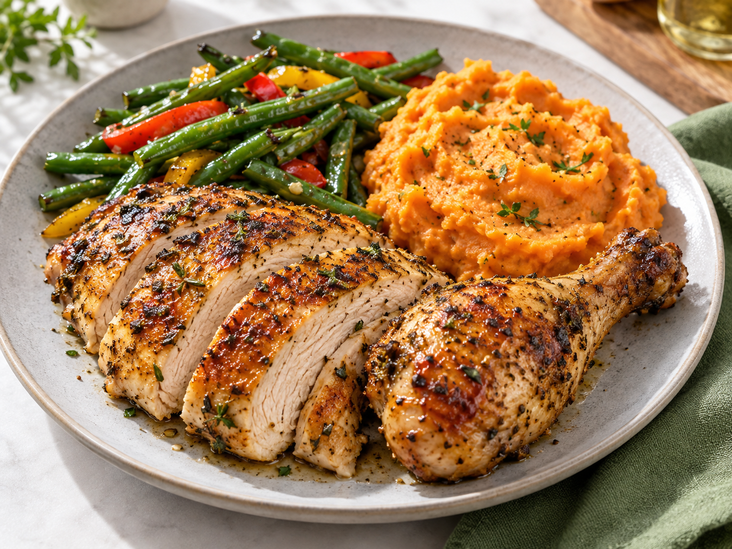 Plato abundante de pollo asado con habichuelas tiernas, pimientos y batata majada